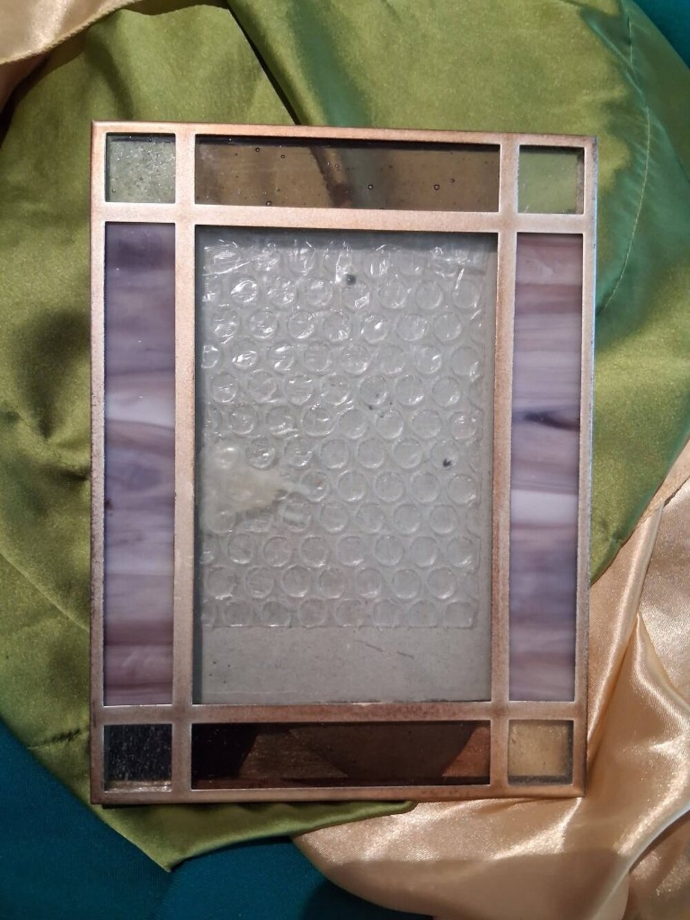 Vintage Arts & Crafts Stained Glass Picture Frame Purple Amber Copper Foil 4x6